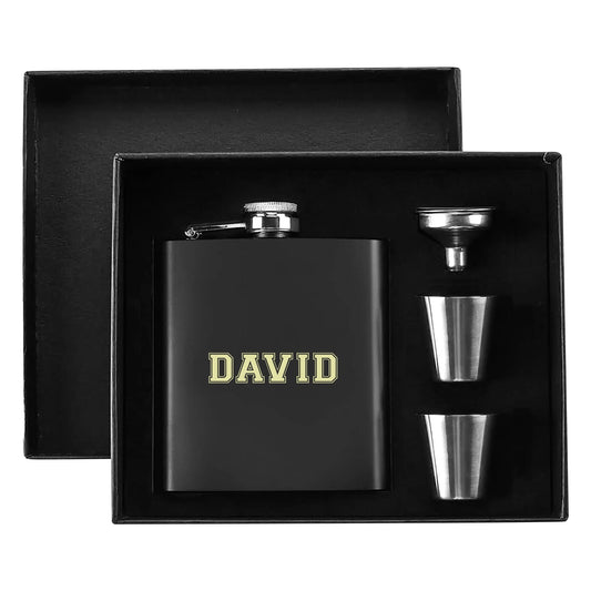 Personalized Stainless Steel Hip Flask Set - Black