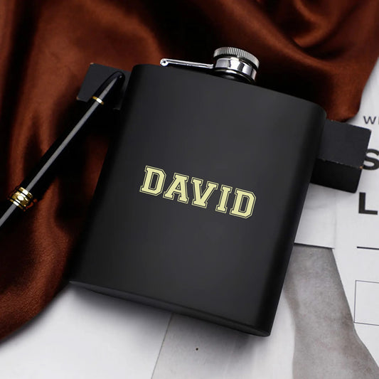 Personalized Stainless Steel Hip Flask Set - Black