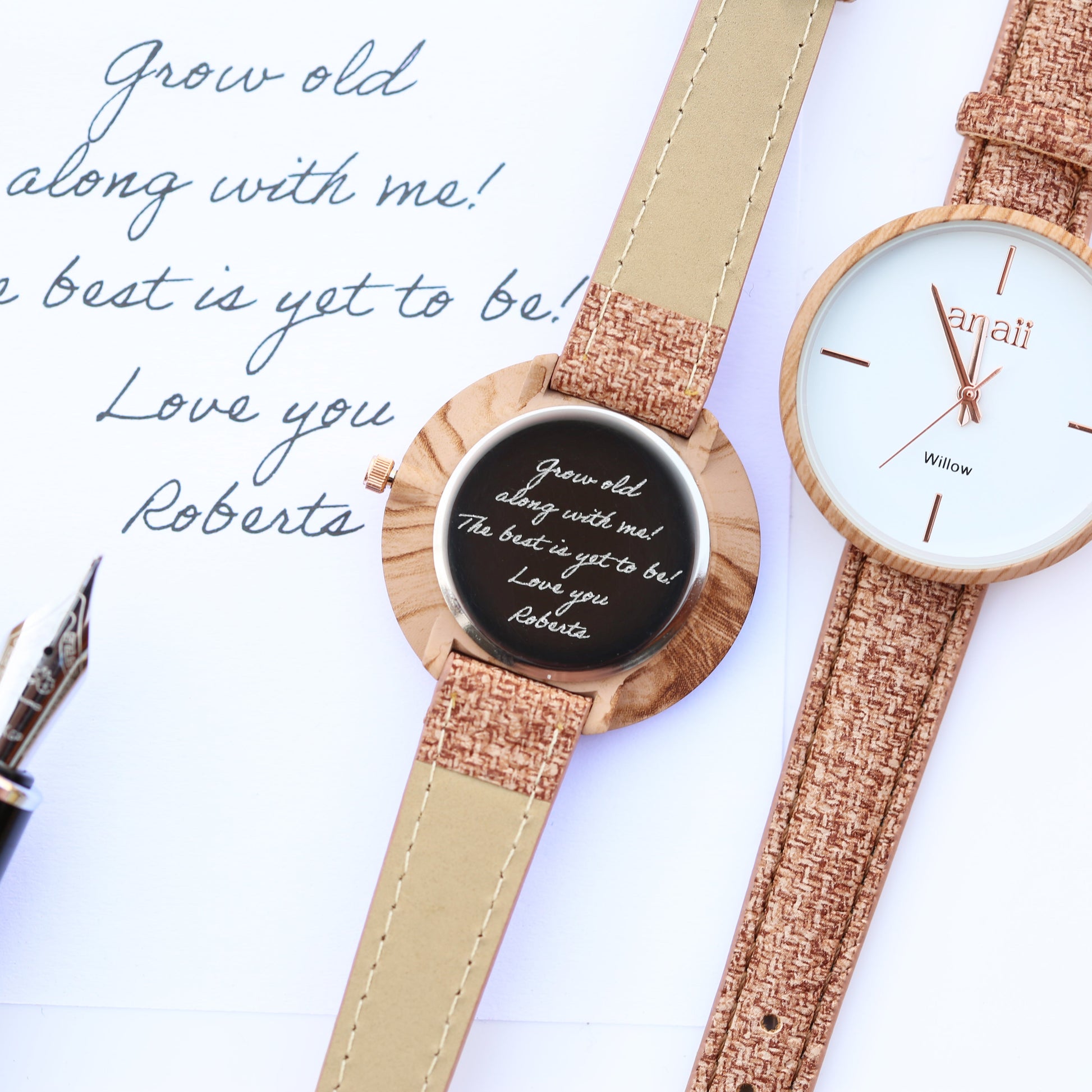 Personalized Ladies' Watches - Handwriting Engraved Watch in Hazel Wood 