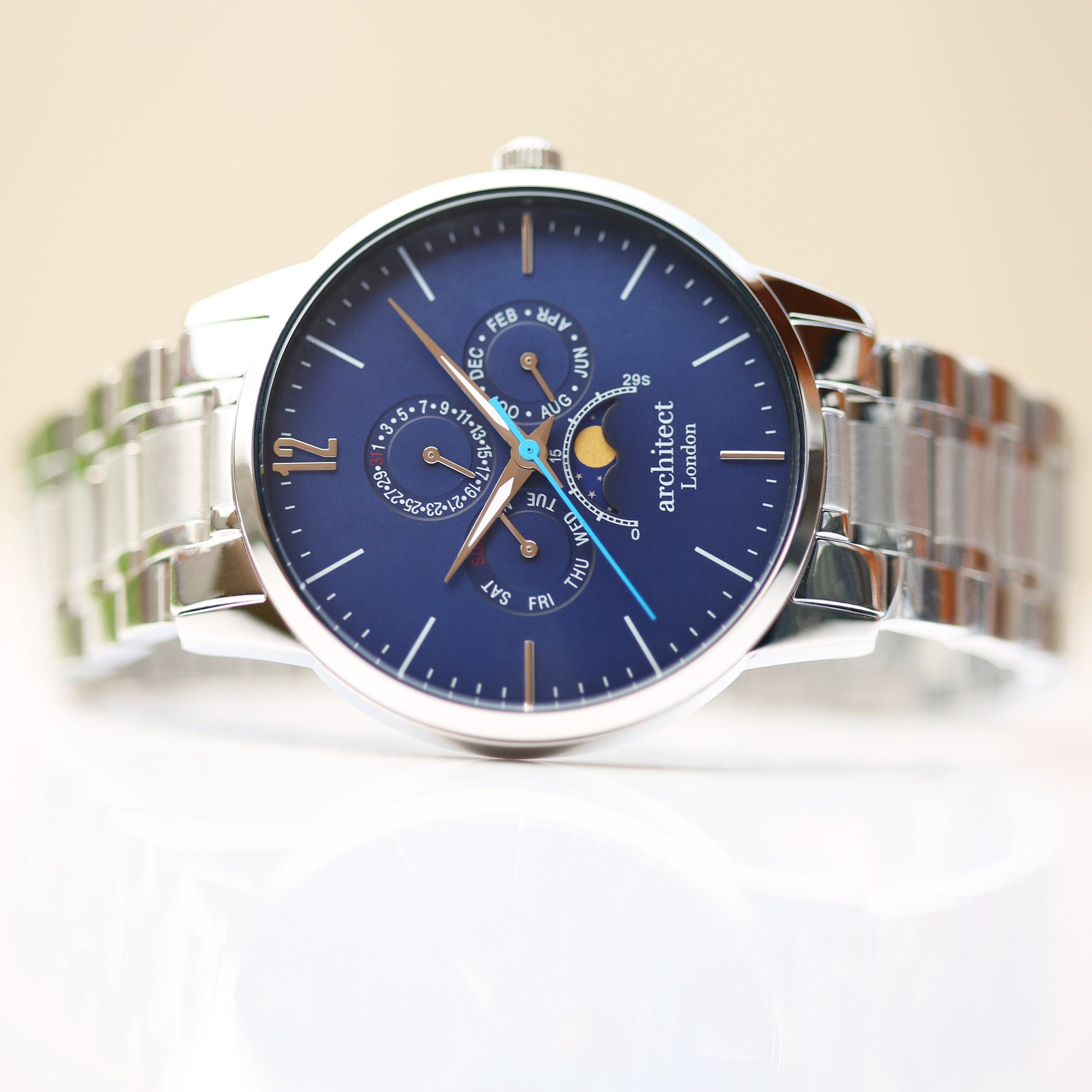 Personalized Men's Watches - Men's Architect Blue Engraved Moonphase Watch 
