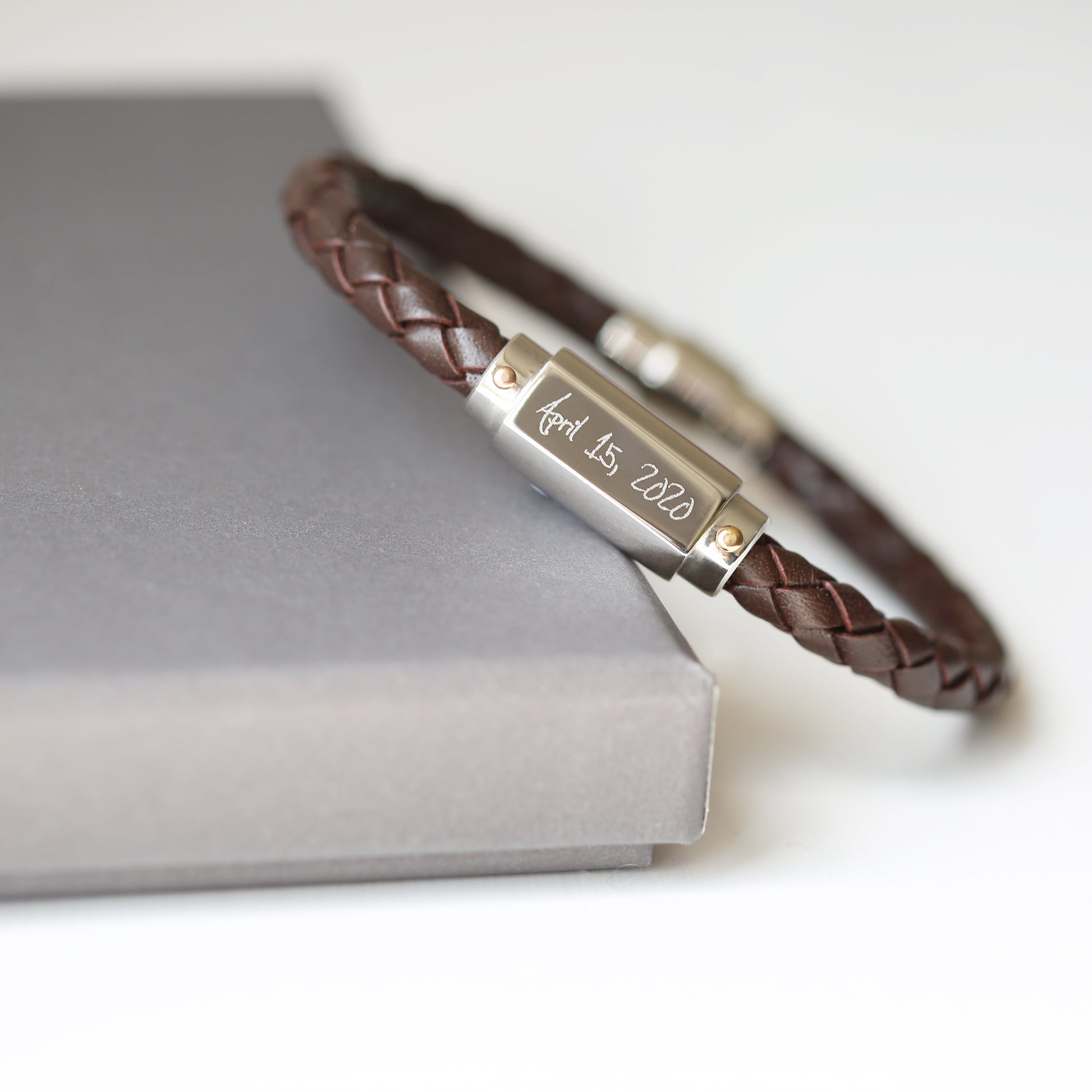 Personalized Men's Bracelets - Handwriting Engraved Twisted Leather Bracelet 