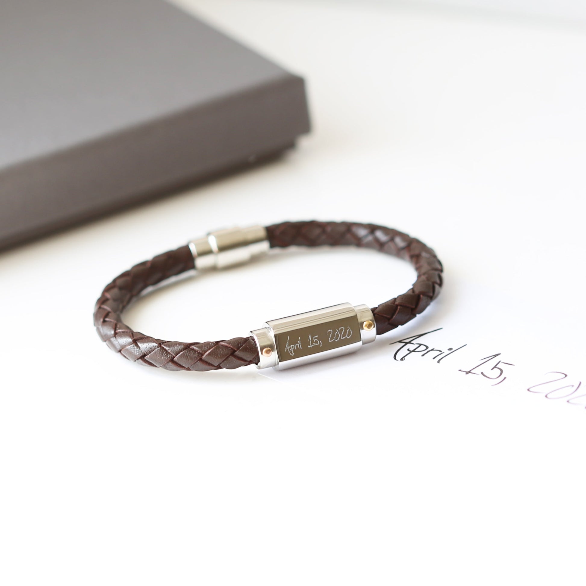 Personalized Men's Bracelets - Handwriting Engraved Twisted Leather Bracelet 
