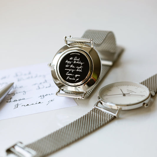 Men's Handwriting Engraved Watch - Architect Zephyr + Steel Silver Mesh