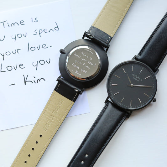 Men's Handwriting Engraved Watch - Minimalist Watch + Jet Black