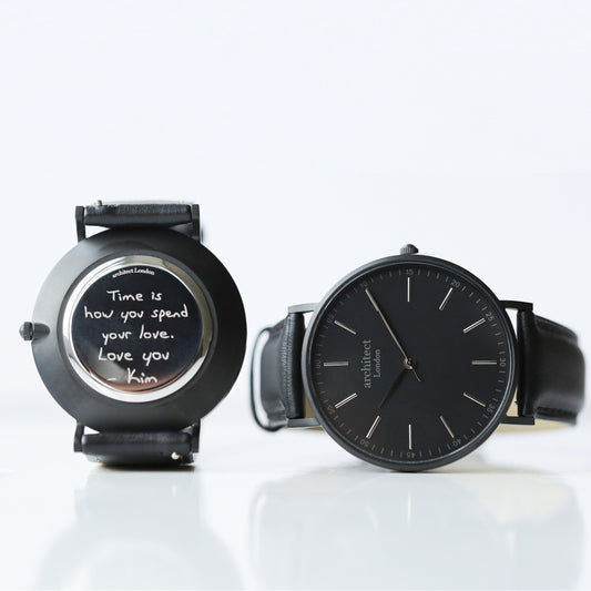 Men's Handwriting Engraved Watch - Minimalist Watch + Jet Black