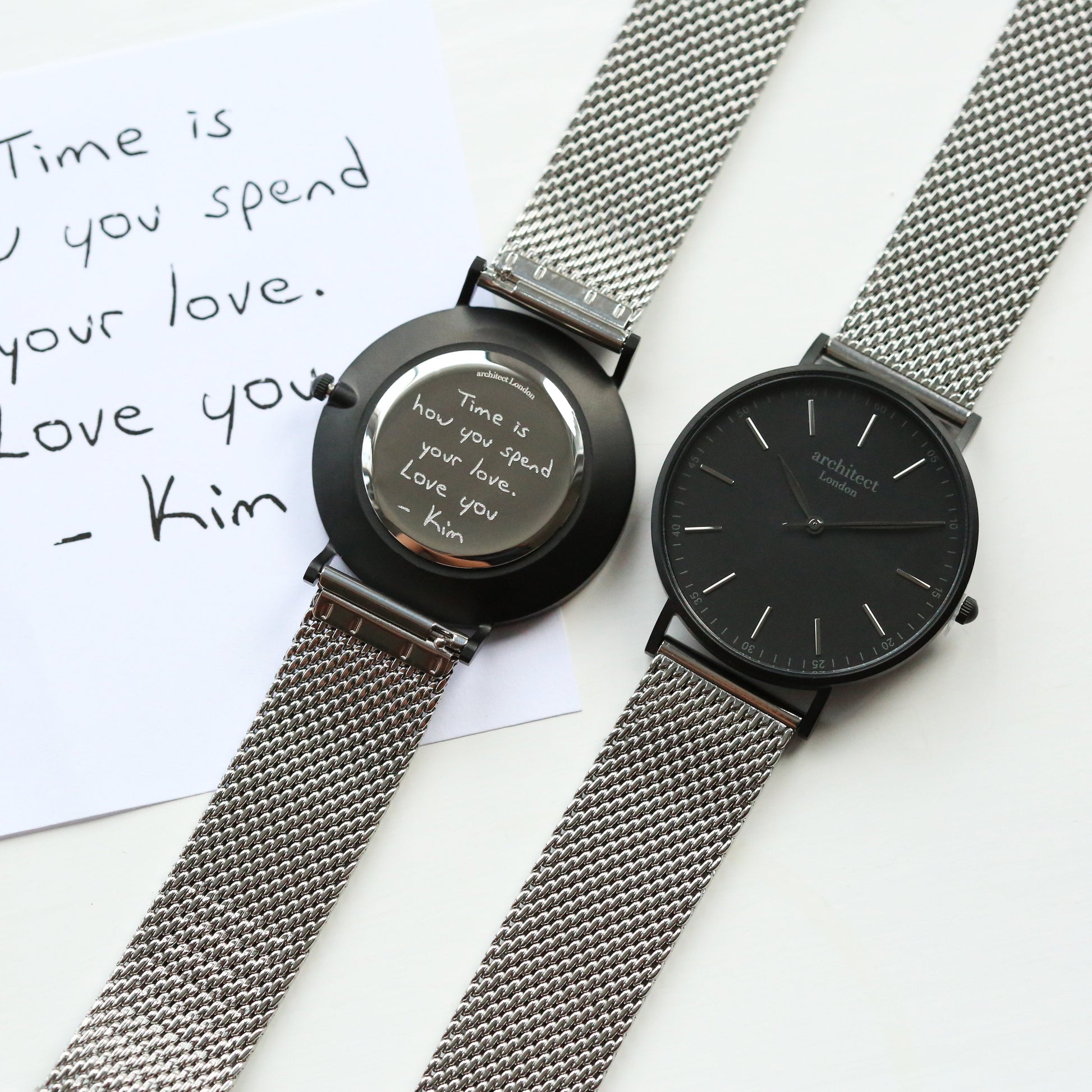 Personalized Men's Watches - Men's Handwriting Engraved Watch - Minimalist Watch + Steel Silver Mesh 
