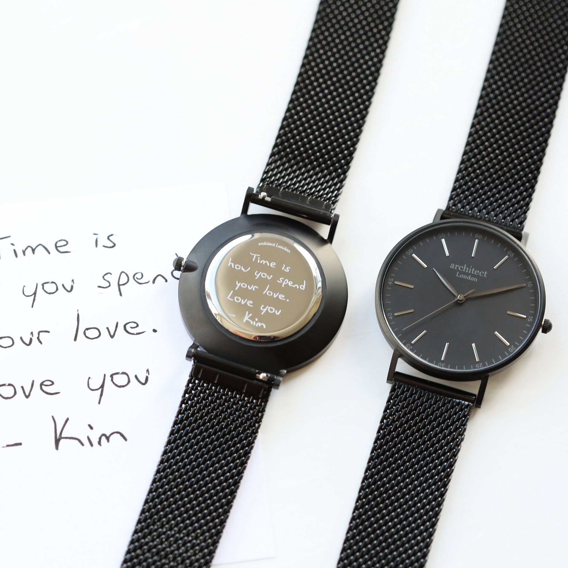 Personalized Men's Watches - Men's Handwriting Engraved Watch - Minimalist Watch + Pitch Black Mesh 
