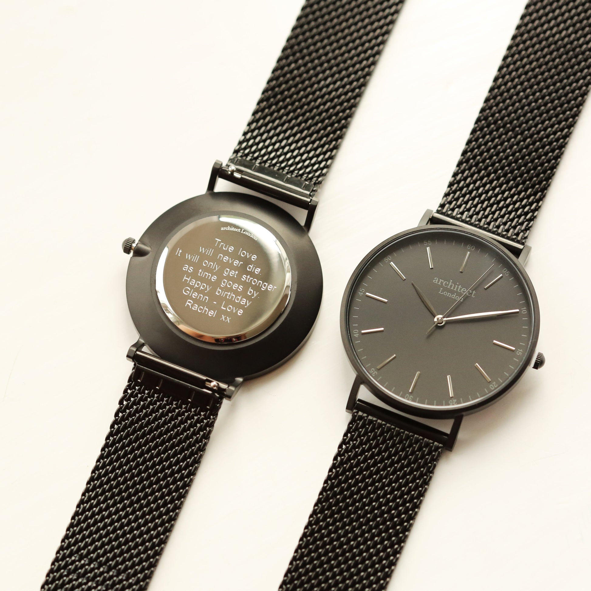 Personalized Men's Watches - Men's Minimalist Engraved Watch In Pitch Black Mesh 