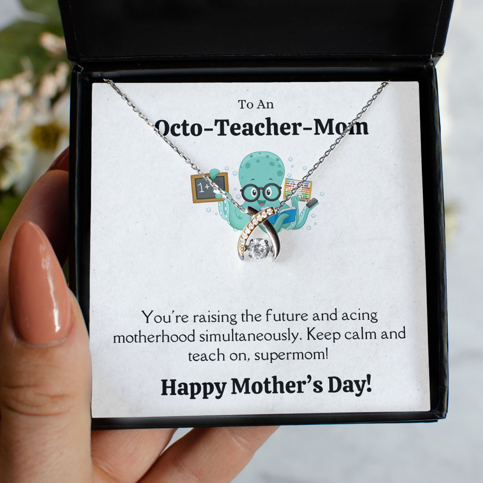 Personalized Necklaces + Message Cards - Wishbone Dancing Necklace -Octo-Teacher-Mom Card 