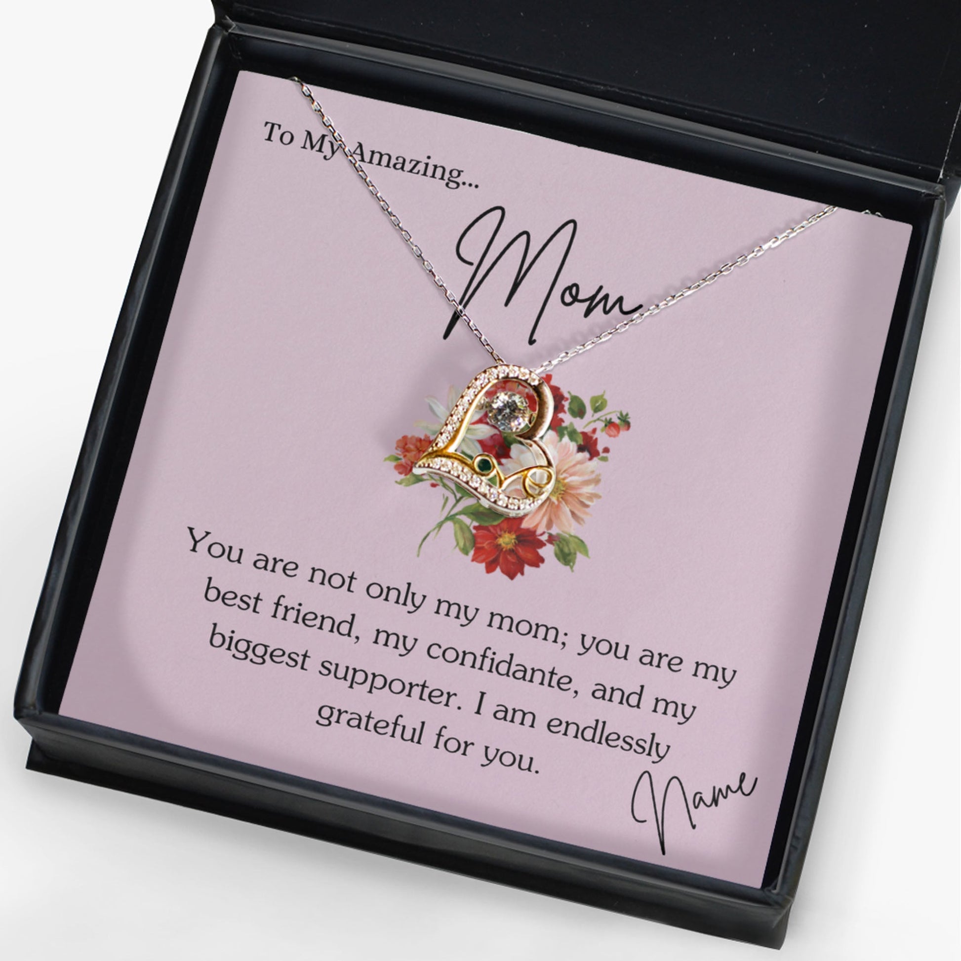 Personalized Necklaces + Message Cards - Zirconia Heart Necklace With Mom Card Insert 