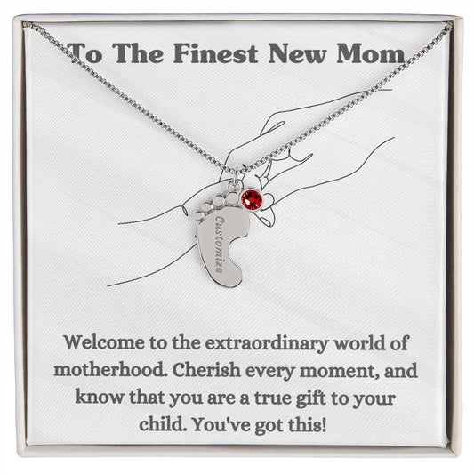 Engraved Name Birthstone Babyfeet Necklace For Moms