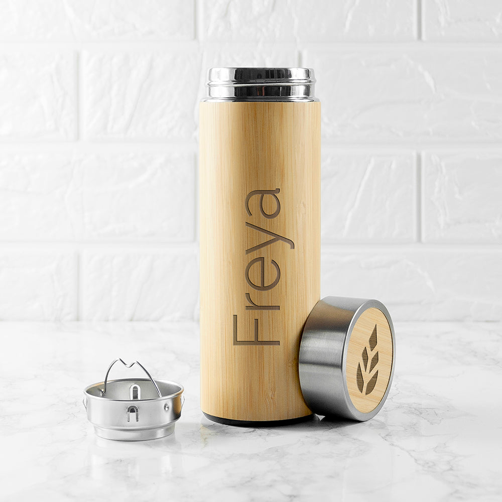 Personalized Thermos - Personalized Bamboo Thermos Flask with Tea Strainer 360ml 