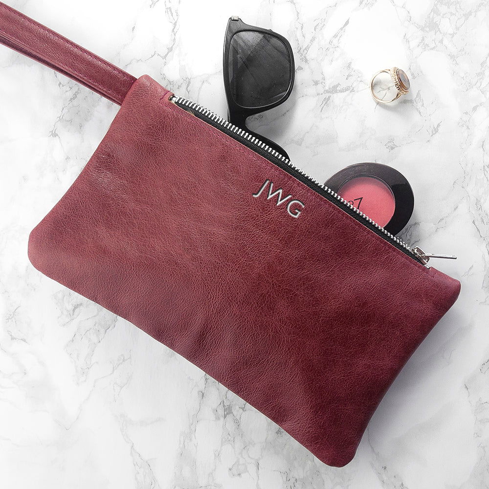 Monogrammed Burgundy Leather Clutch Bag - Lovesakes