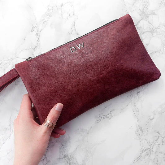 Monogrammed Burgundy Leather Clutch Bag