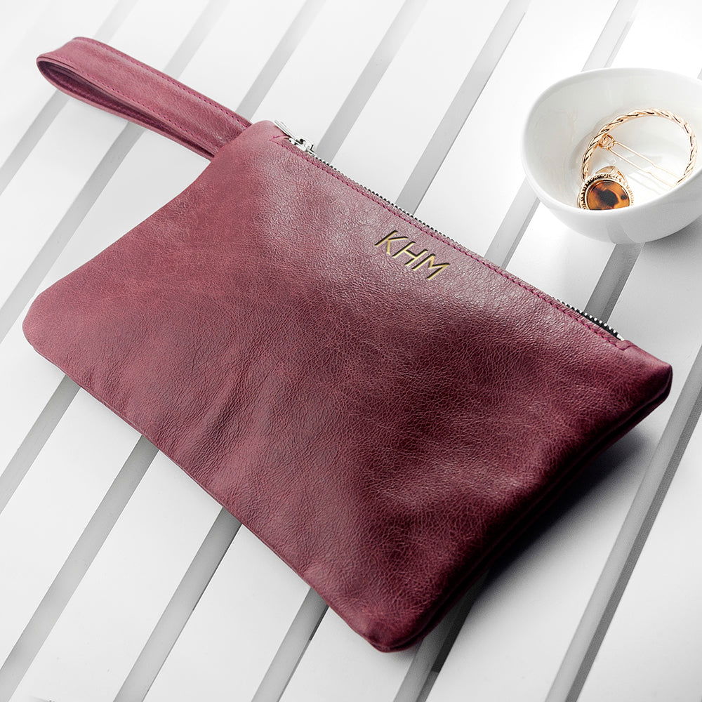 Monogrammed Burgundy Leather Clutch Bag - Lovesakes