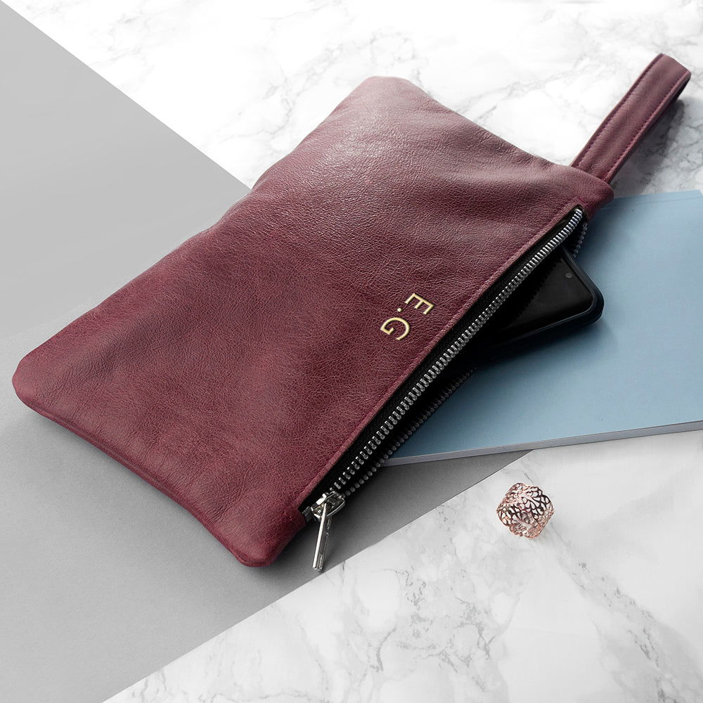 Monogrammed Burgundy Leather Clutch Bag - Lovesakes