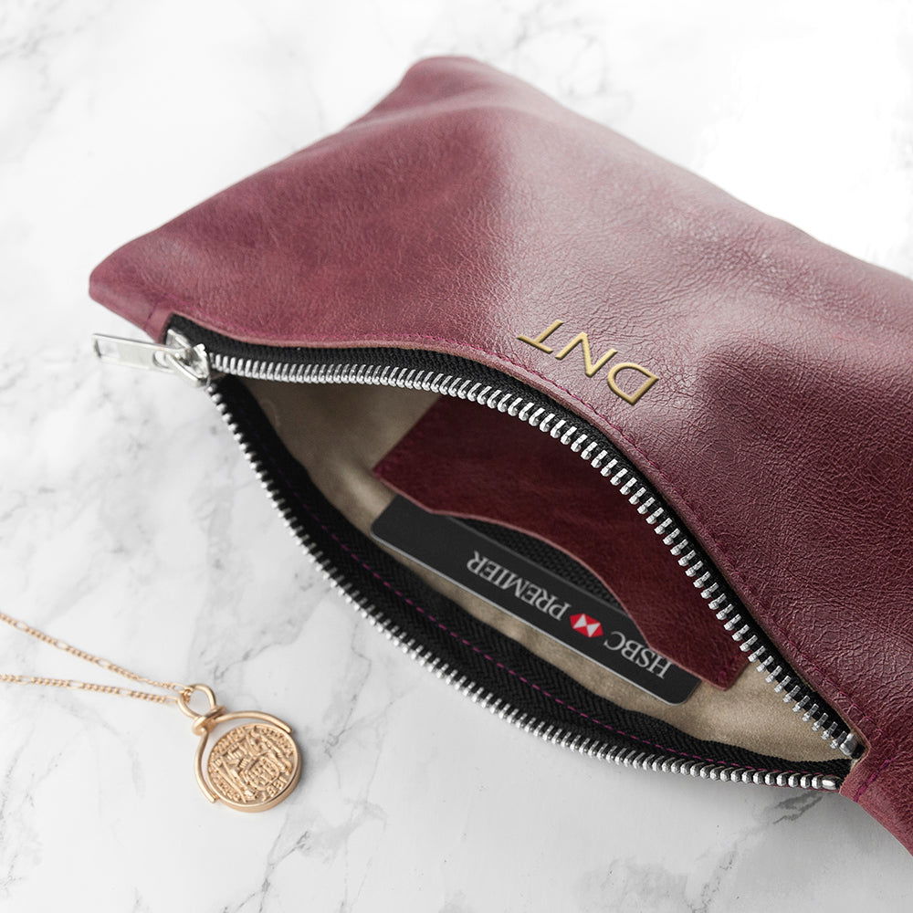 Monogrammed Burgundy Leather Clutch Bag - Lovesakes