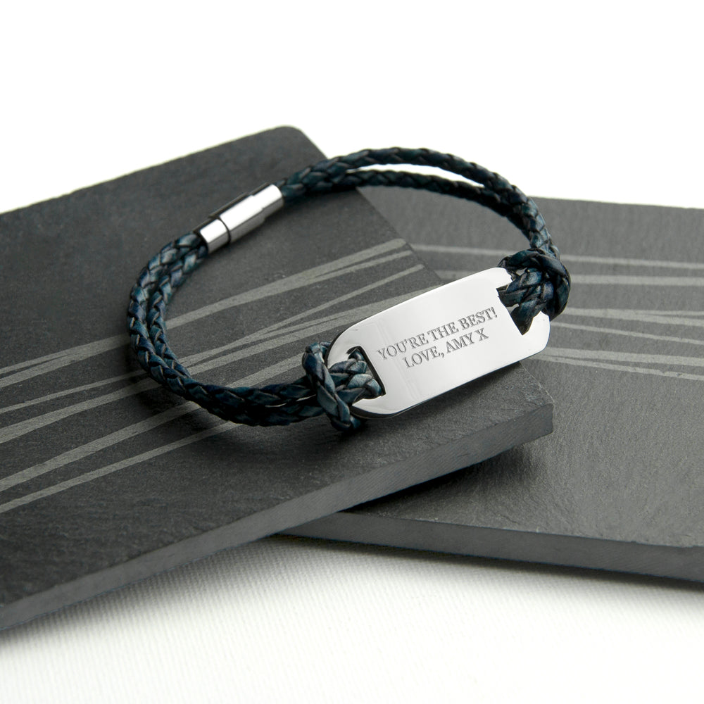 Personalized Men's Bracelets - Personalized Men's Statement Leather Bracelet In Navy 
