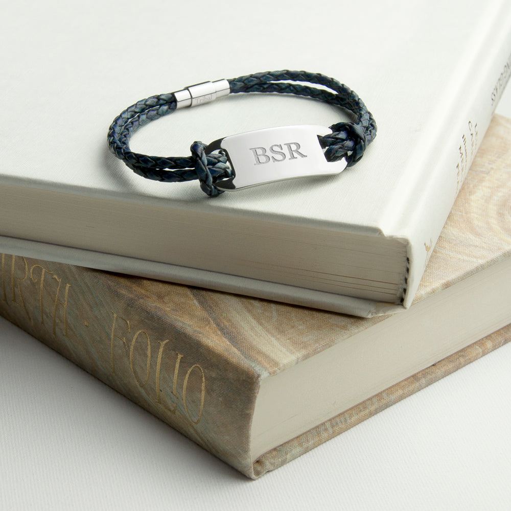 Personalized Men's Bracelets - Personalized Men's Statement Leather Bracelet In Navy 
