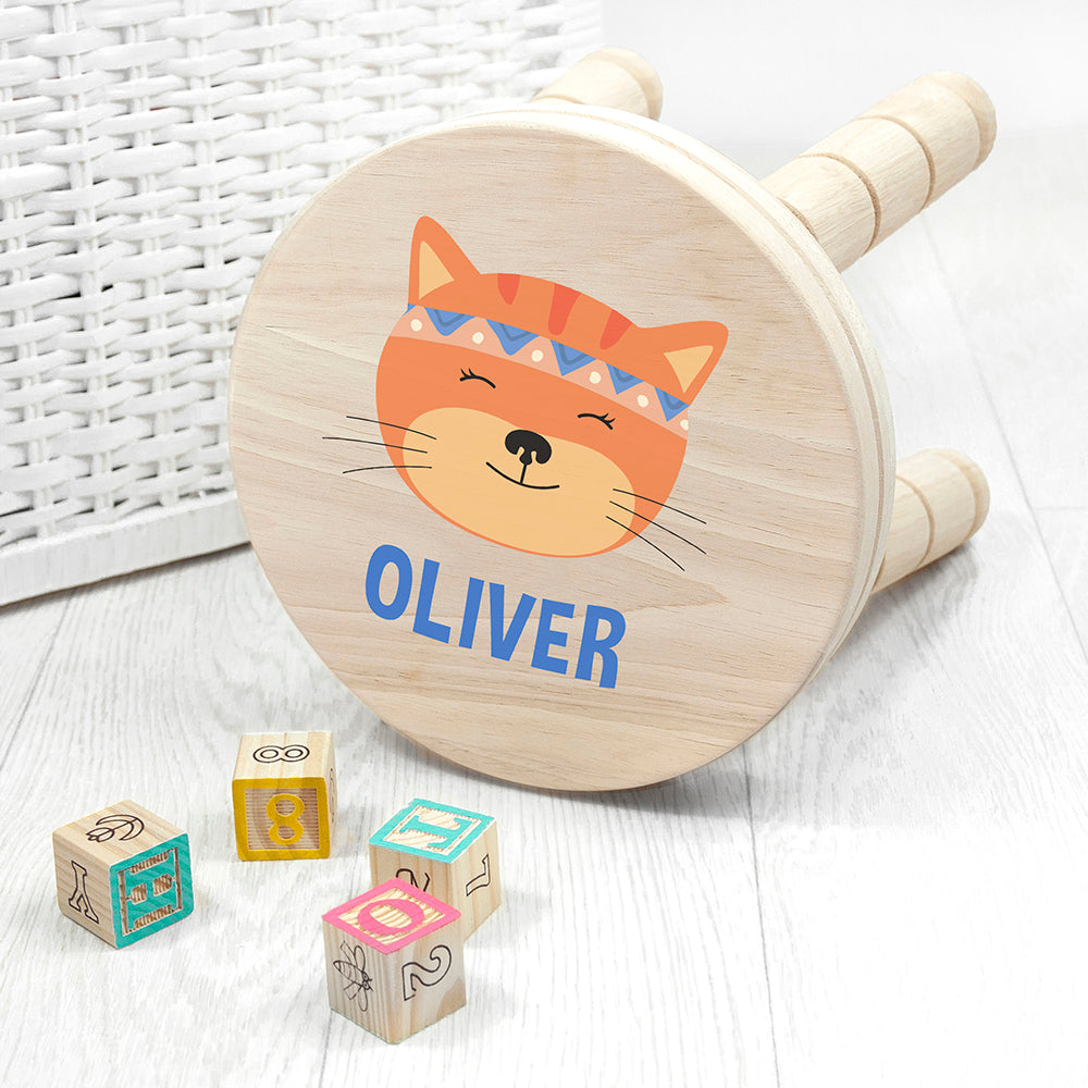 Personalized Kids Stools - Personalized Cute Kitten Kids Wooden Stool 