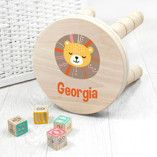 Personalized Cute Lion Kids Wooden Stool