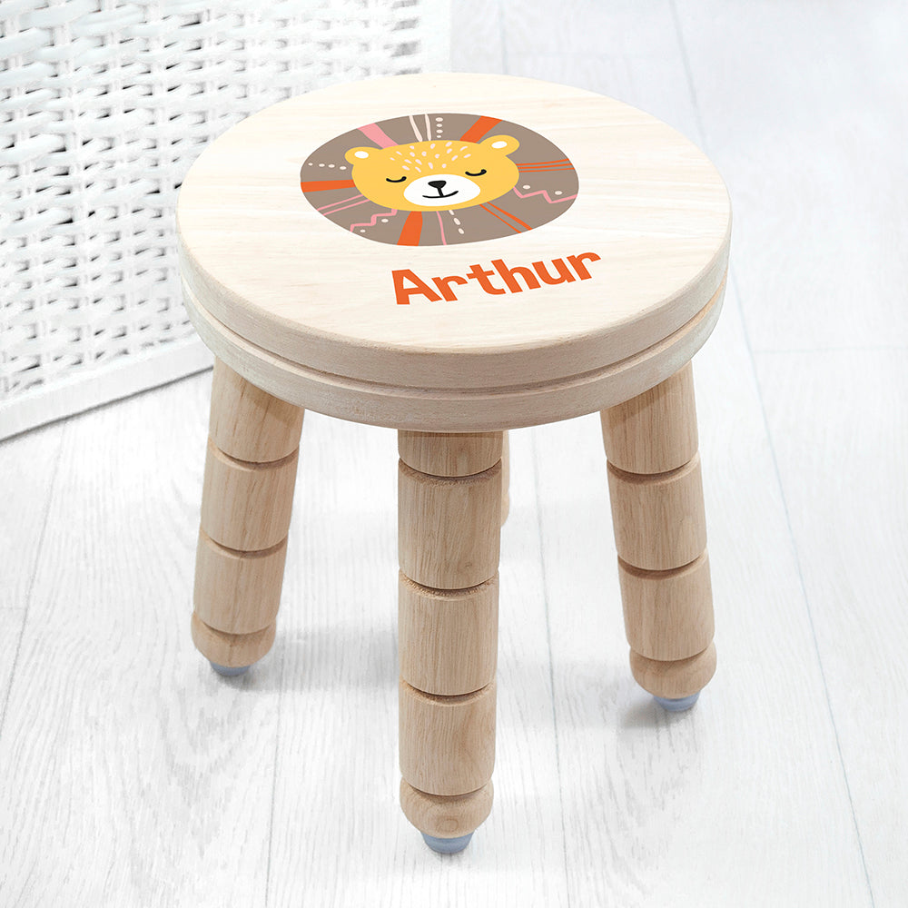 Personalized Kids Stools - Personalized Cute Lion Kids Wooden Stool 