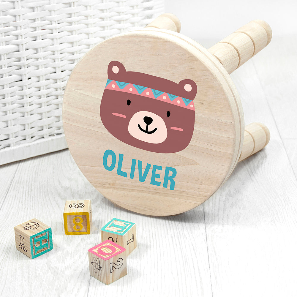 Personalized Kids Stools - Personalized Cute Bear Kids Wooden Stool 