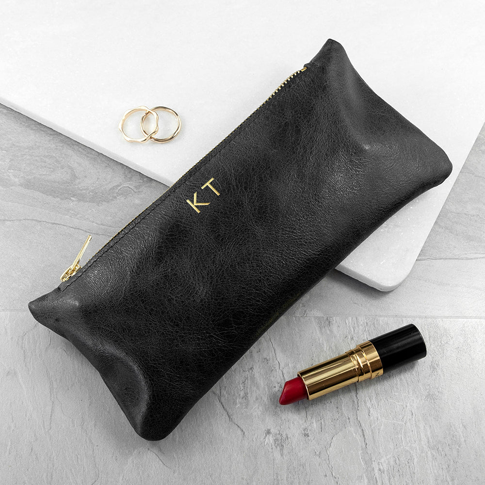 Personalized Leather Clutch Bags - Monogrammed Black Leather Slimline Clutch 