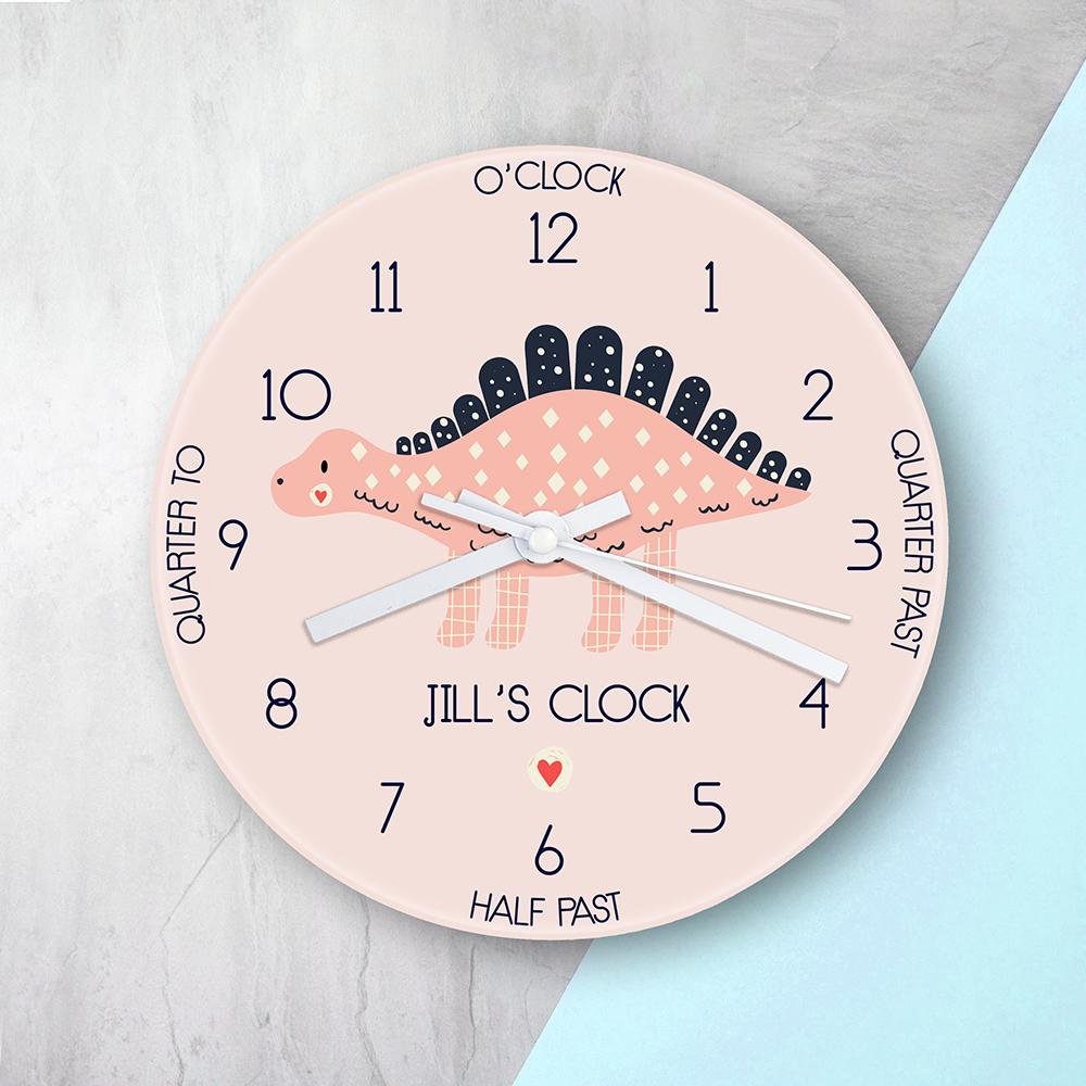 Personalized Clocks - Personalized Kids Stegosaurus Glass Wall Clock 