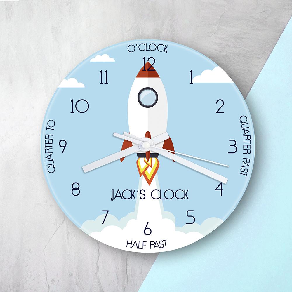 Personalized Clocks - Personalized Kids Rocket Glass Wall Clock 