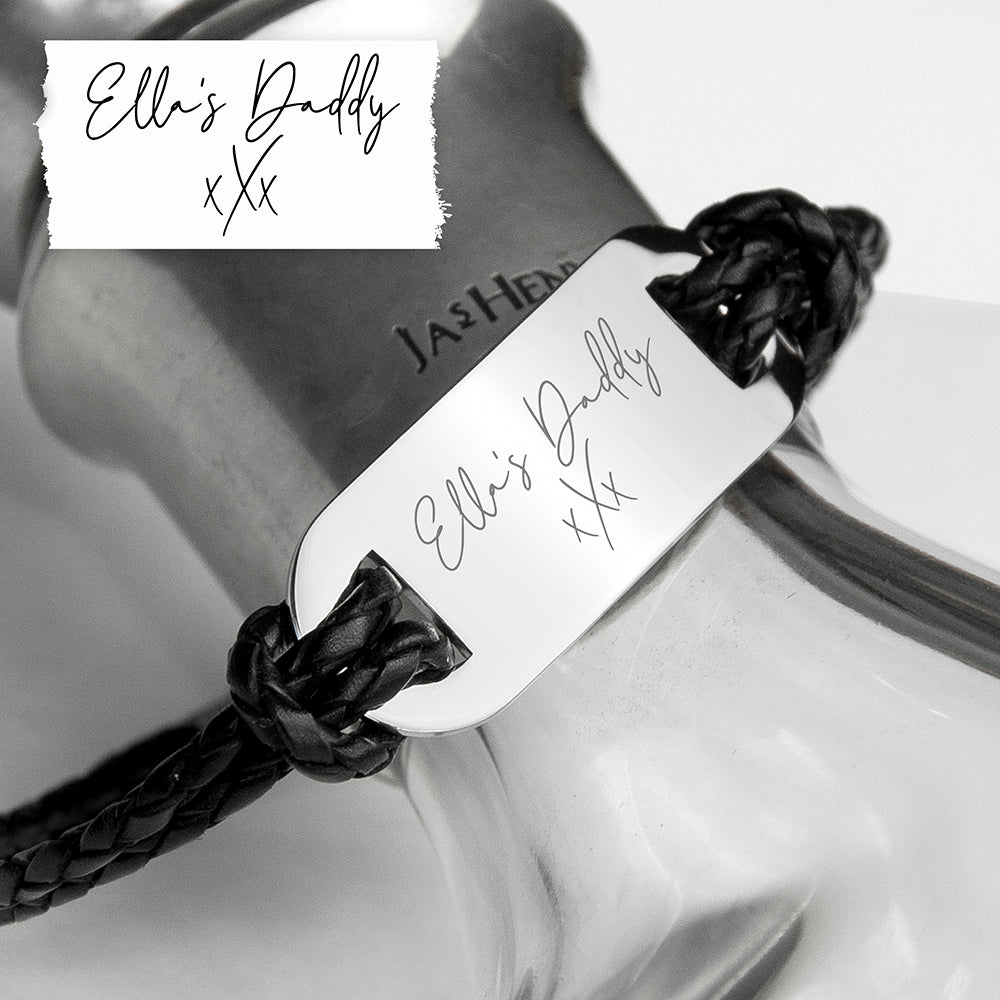 Personalized Men's Bracelets - Personalized Handwriting Men's Black Leather Bracelet 