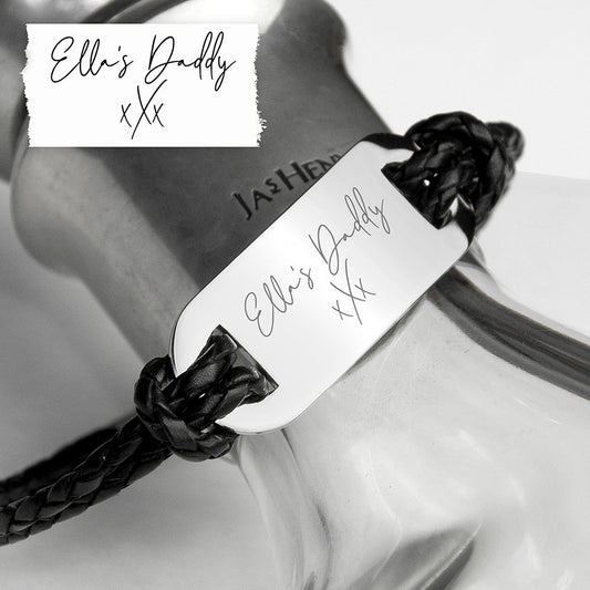 Personalized Handwriting Men's Black Leather Bracelet