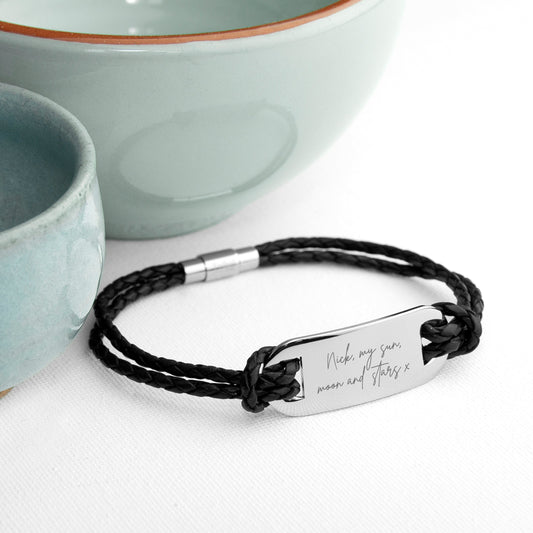 Personalized Handwriting Men's Black Leather Bracelet