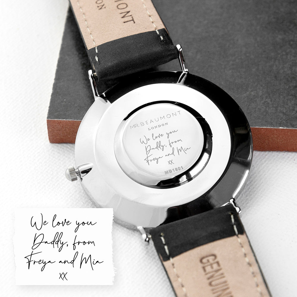 Personalized Men's Watches - Men's Leather Watch In Personalized Handwriting Caseback 