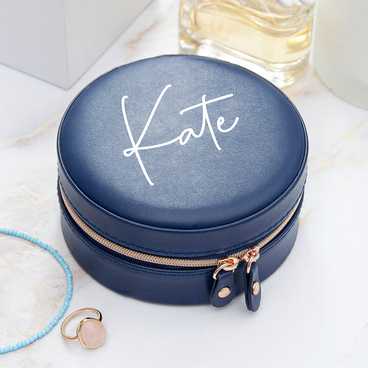 Personalized Navy Blue Round Travel Jewellery Case