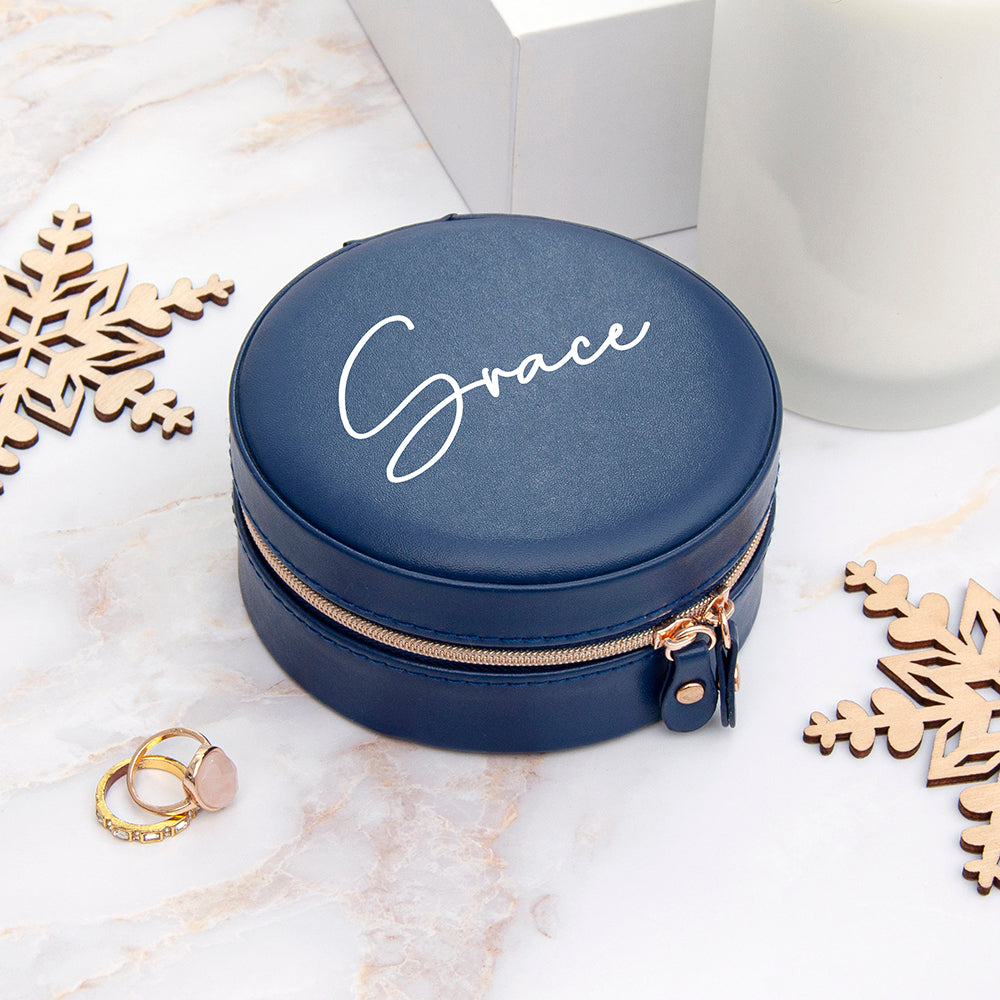 Personalized Jewellery Boxes & Storage - Personalized Navy Blue Round Travel Jewellery Case 