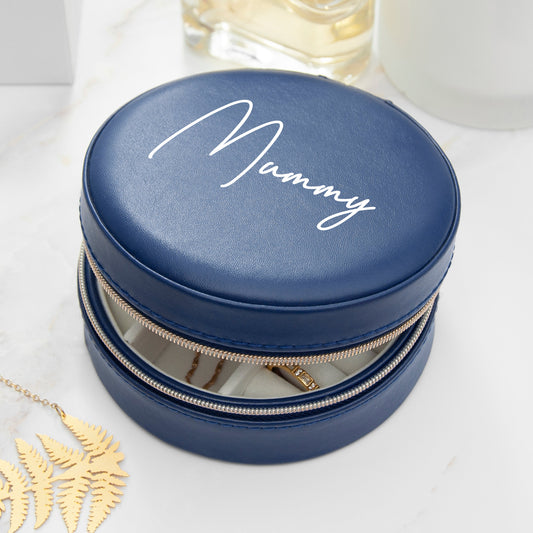 Personalized Navy Blue Round Travel Jewellery Case