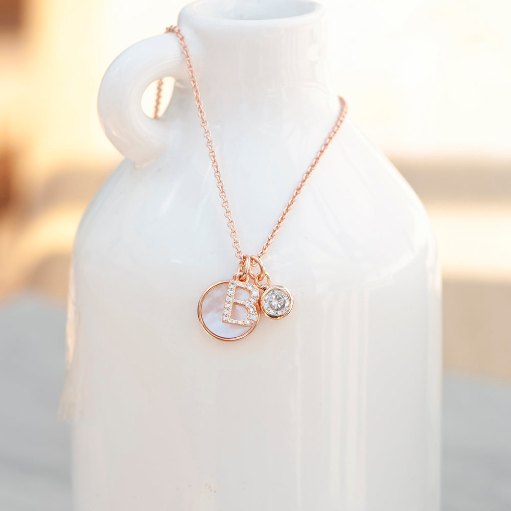 Personalized Necklaces - Rose Gold Initial Necklace with Mother of Pearl and Crystal Charms 