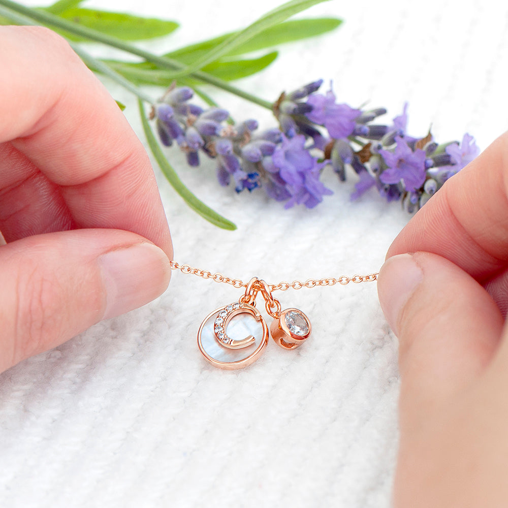 Personalized Necklaces - Rose Gold Initial Necklace with Mother of Pearl and Crystal Charms 