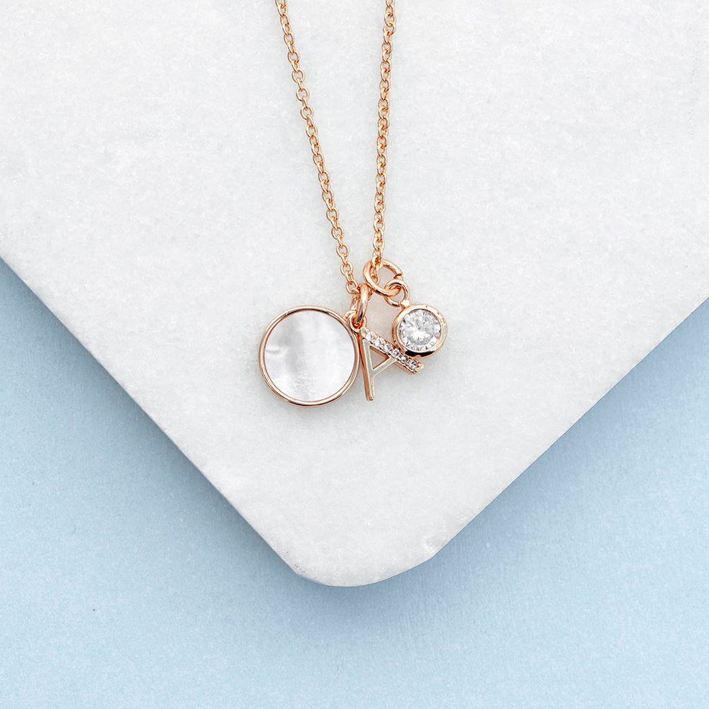 Personalized Necklaces - Rose Gold Initial Necklace with Mother of Pearl and Crystal Charms 