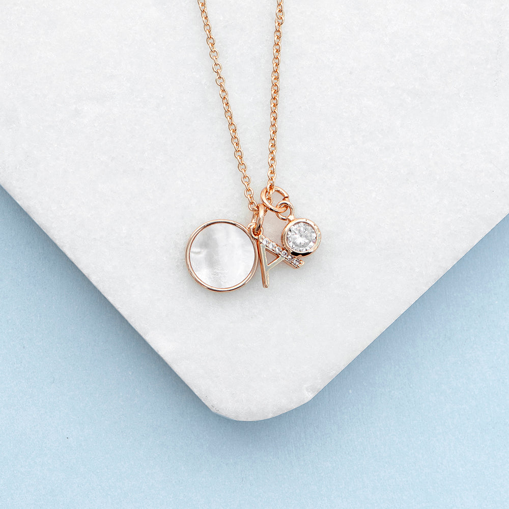 Rose Gold Initial Necklace with Mother of Pearl and Crystal Charms - GiftsofaKind