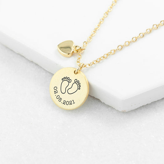 Personalized Baby Feet Matte Heart & Disc Necklace