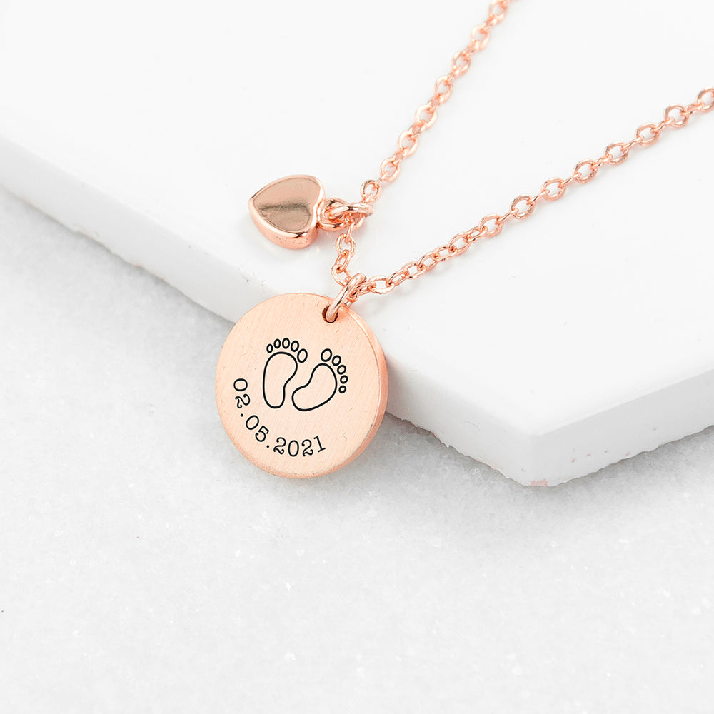 Personalized Necklaces - Personalized Baby Feet Matte Heart & Disc Necklace 