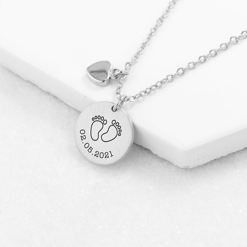 Personalized Necklaces - Personalized Baby Feet Matte Heart & Disc Necklace 