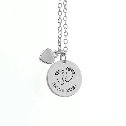 Personalized Baby Feet Matte Heart & Disc Necklace