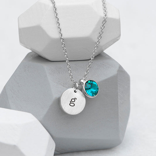 Personalized Monogram Silver Birthstone Crystal and Disc Necklace