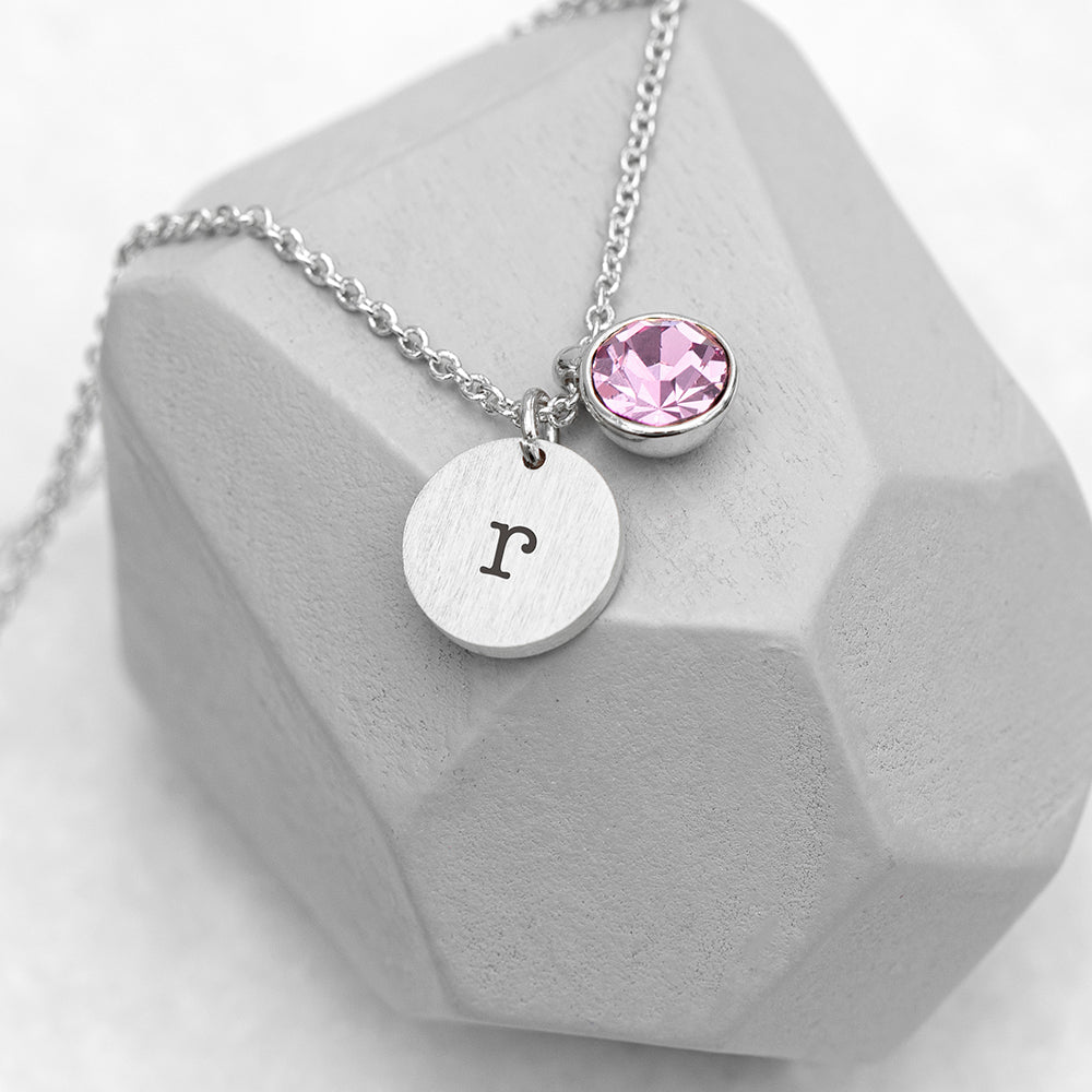 Personalized Necklaces - Personalized Monogram Silver Birthstone Crystal and Disc Necklace 