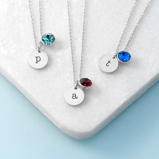 Personalized Monogram Silver Birthstone Crystal and Disc Necklace