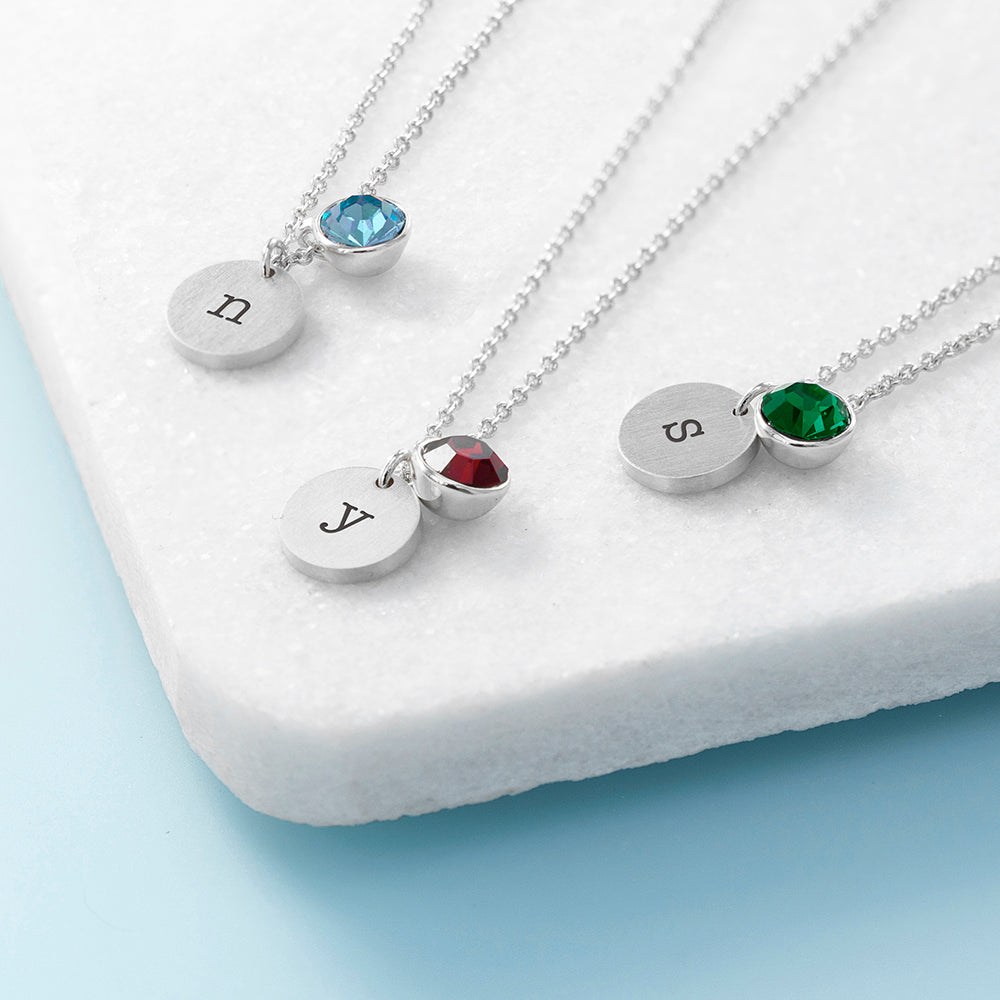 Personalized Necklaces - Personalized Monogram Silver Birthstone Crystal and Disc Necklace 
