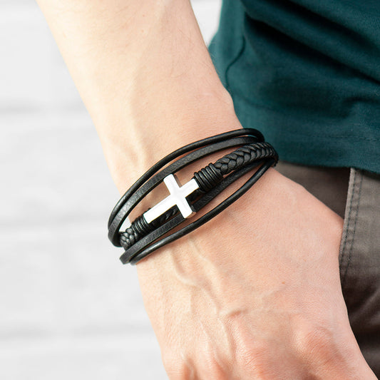 Personalized Men's Cross Leather Stacked Bracelet